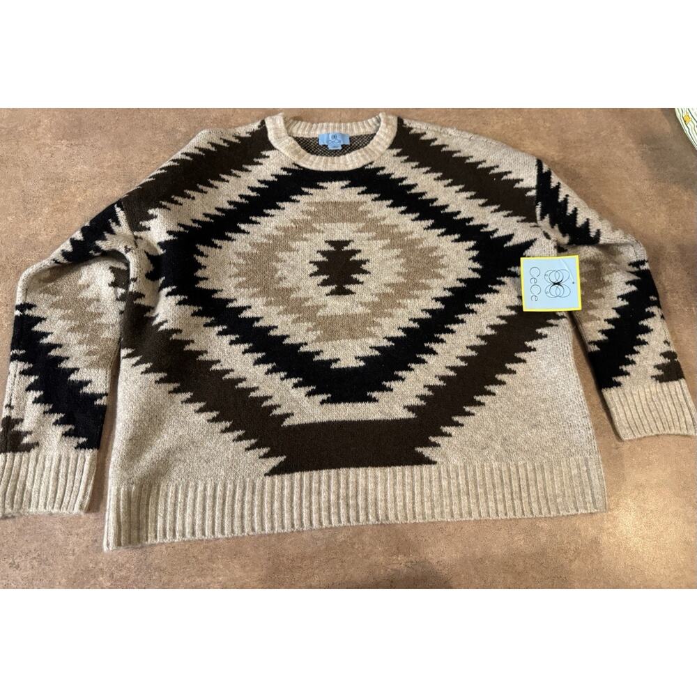 CeCe Women's Cozy Crewneck Aztec Long Sleeve Cream Black Sweater,Size Small NWT - Picture 4 of 9